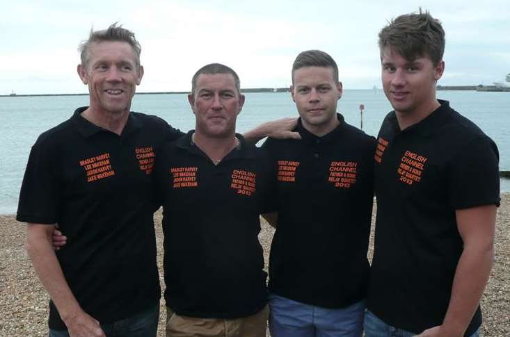 Jason Harvey, Lee Wakeham, Jake Wakeham and Bradley Harvey who have swum the Channel.