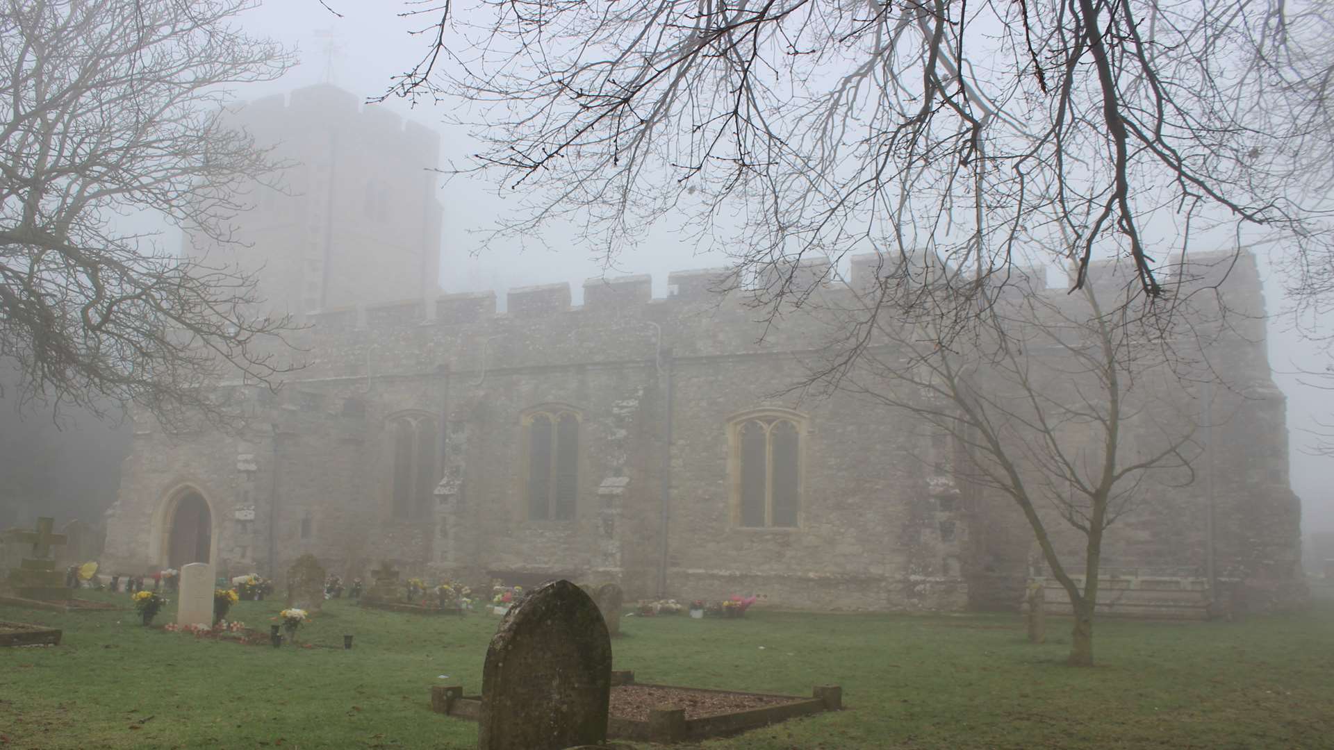 Fog covered All Saints Church, Eastchurch