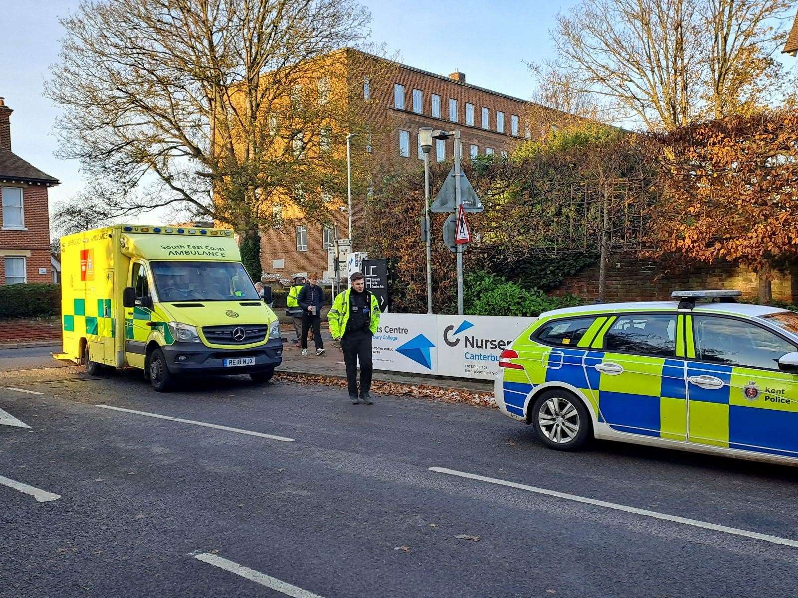 Emergency services are on the scene after a cyclist was hit by a car outside Canterbury College