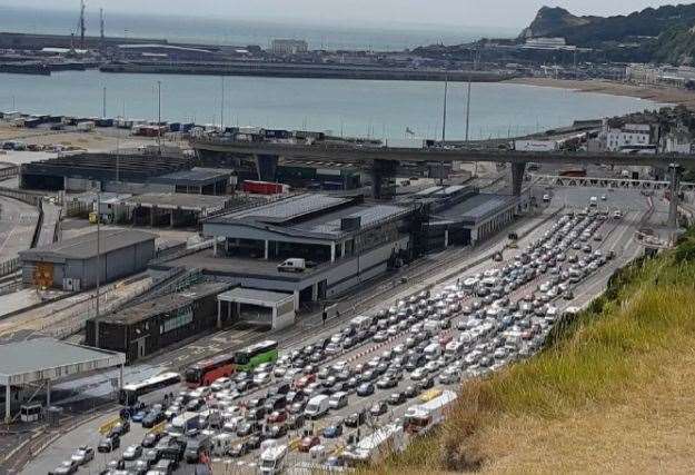 The swell of vehicles at Dover Eastern Docks on a day the town was clogged up, July 2022