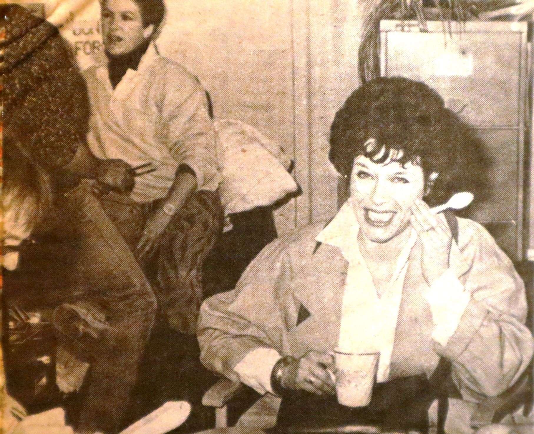 Jill Gascoine being interviewed by John Nurden, left, as she takes a break from filming the TVS drama CATS Eyes in the Kent Evening Post newspaper offices in Chatham High Street in March 1985