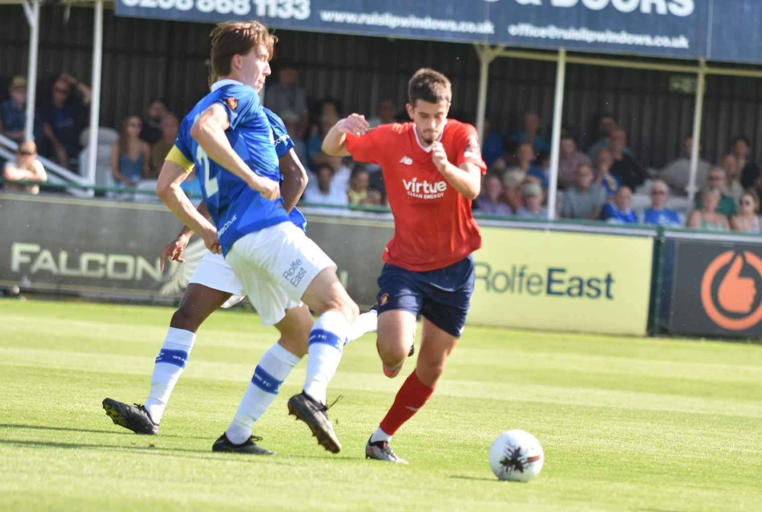 Ebbsfleet’s Franklin Domi gives chase during their National League game at Wealdstone. Picture: Ed Miller/EUFC