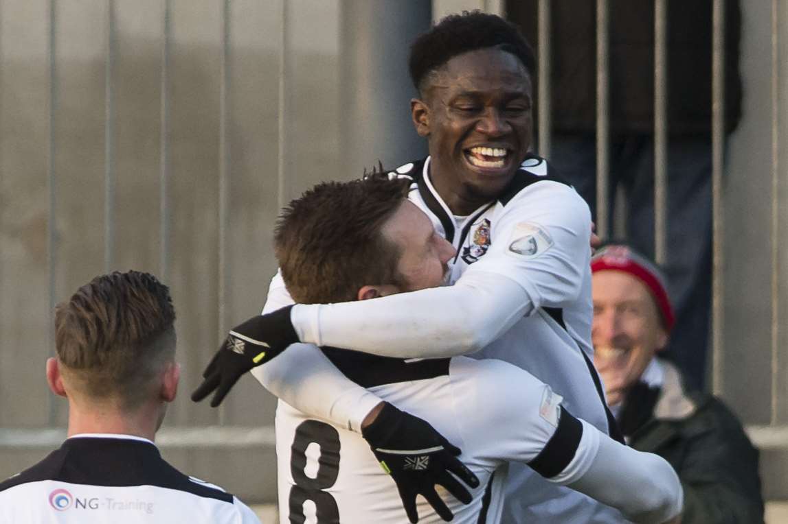 Luke Wanadio enjoys the moment after scoring Dartford's second goal against Poole Town Picture: Andy Payton