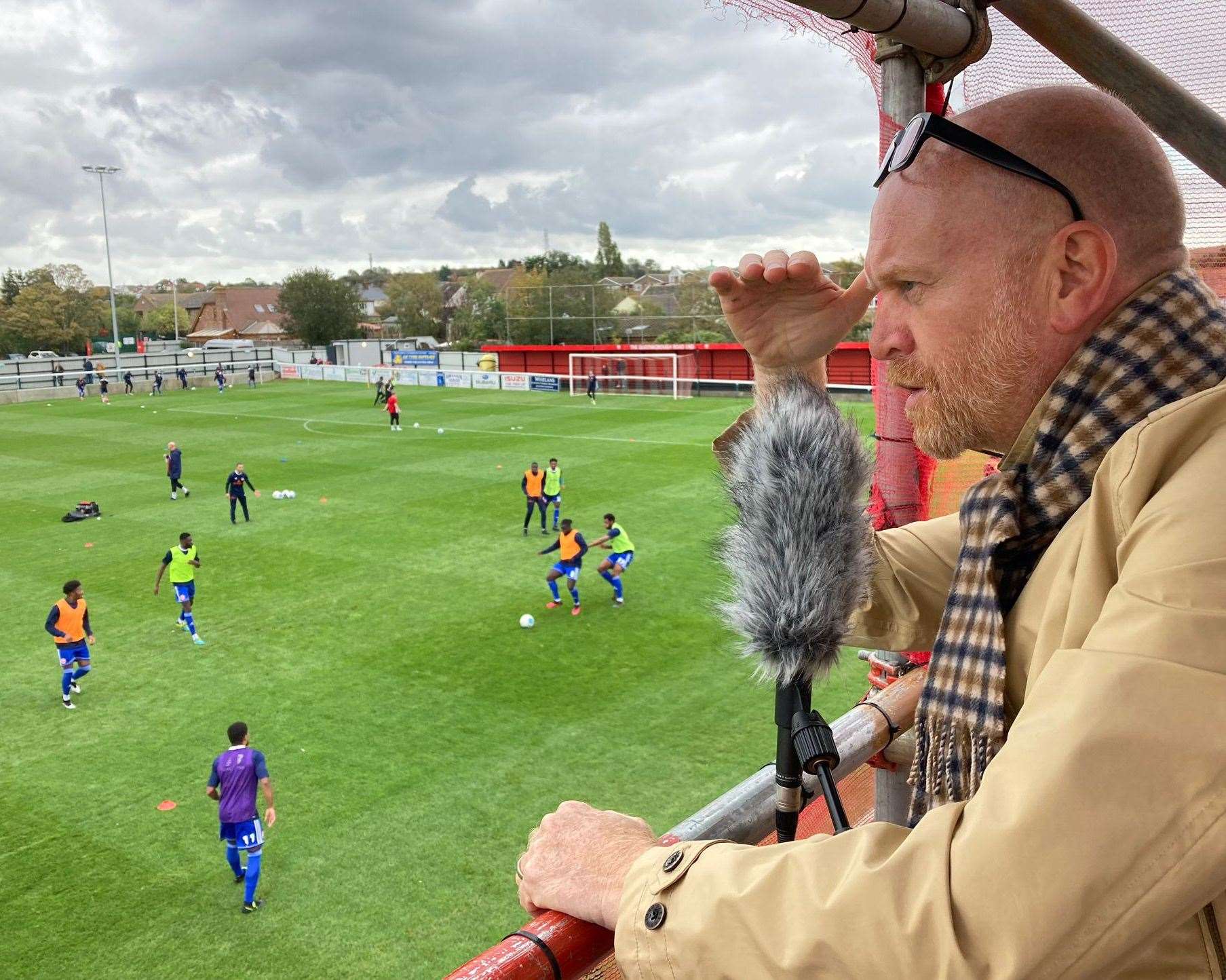 Andy Gray prepares to commentate on Sheppey’s 2019 FA Cup tie with Welling United for ITES TV. Pic: Mark Richards