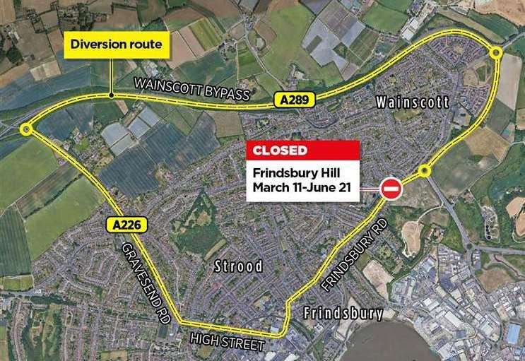 Frindsbury Hill is to close in the Strood-bound direction from the Sans Pareil roundabout from March 11 to June 21