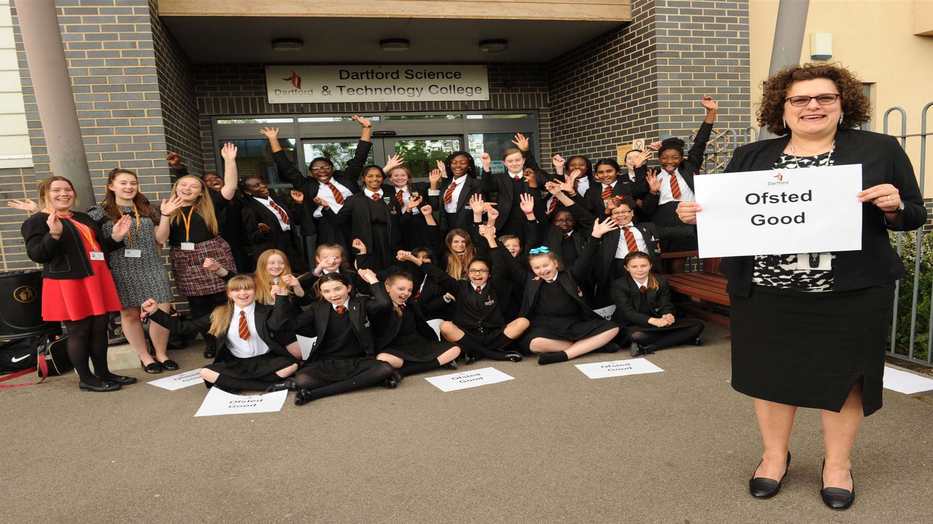 Principal Anne Davis and pupils at Dartford Science and Technology College celebrate a good Ofsted. Picture: Steve Crispe