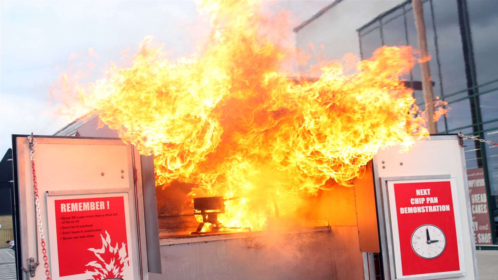 A fireball resulting from pouring water on a chip pan blaze. A previous demonstration by Kent FIre and Rescue Service.