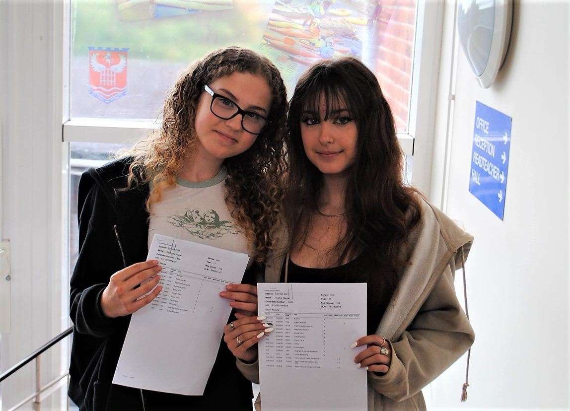 Twins Stephanie and Sophie Macari with their GCSE results. Picture: Dover Grammar School for Girls
