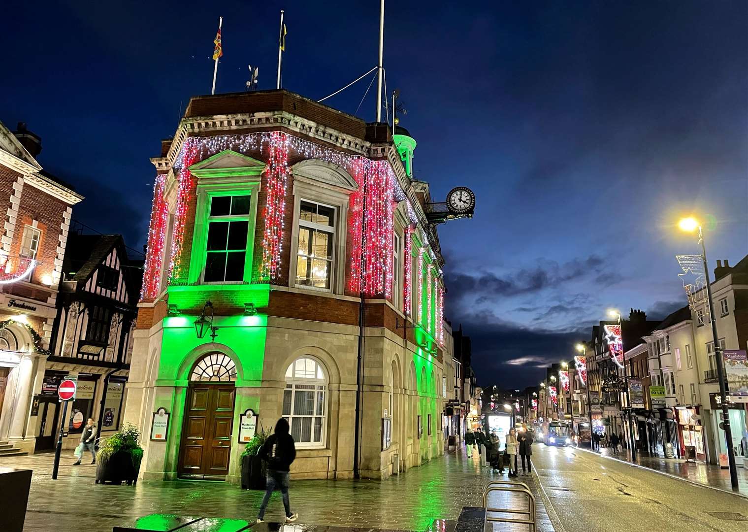 Maidstone Town Hall was lit up green on Wednesday. Picture: NSPCC