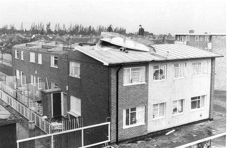 The ripped-up roofs of the maisonettes in Northumberland Court, after the storms of 1987.