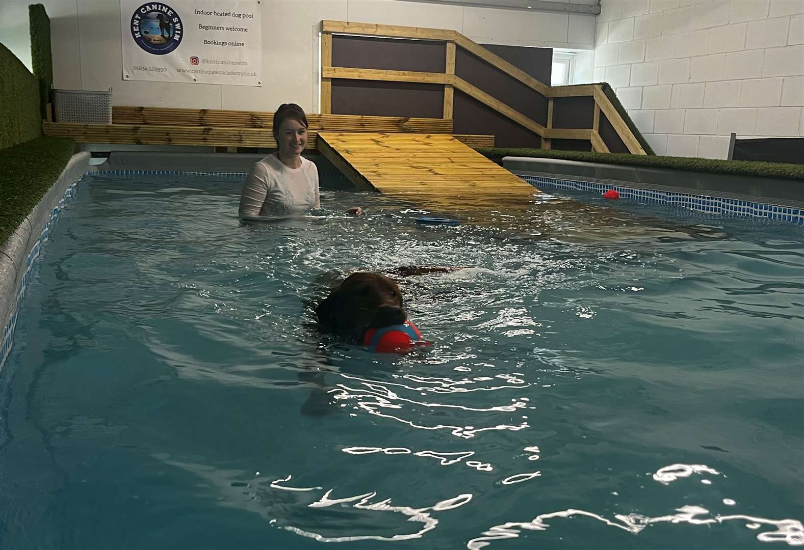 One-year-old Cooper loves swimming in the indoor heated pool at Canine Paws Academy at Mockbeggar Business Park in Cliffe