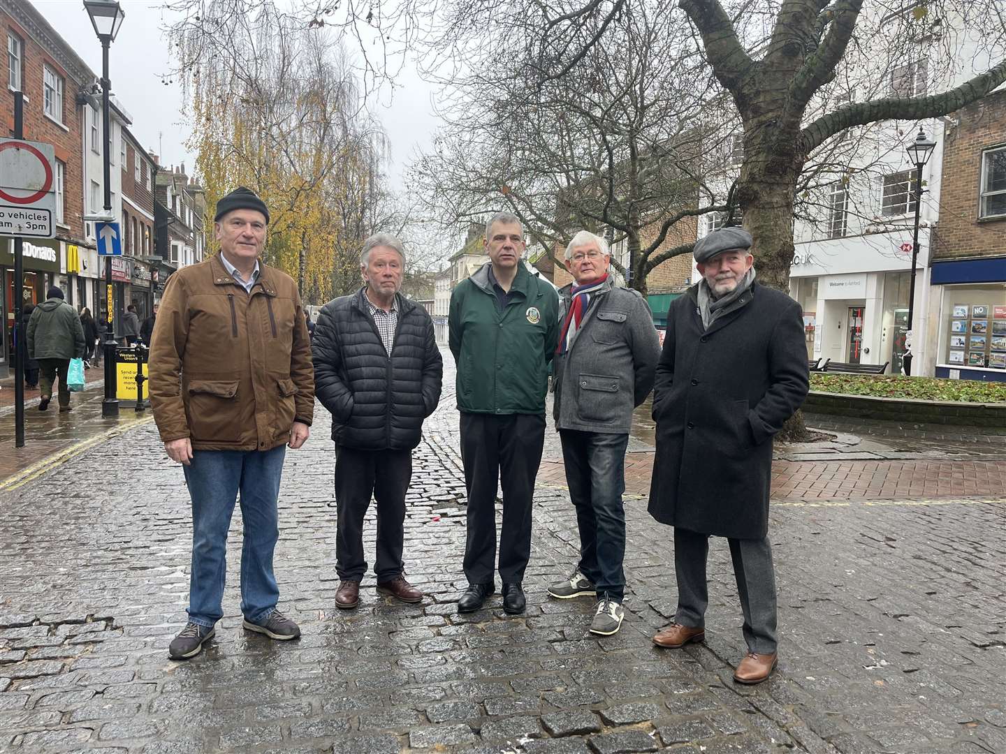 From left to right: Cllr Bernard Heyes (Con), Geoff Mathews of Soundcraft Hi-Fi, Cllr Paul Bartlett (Con), Vernon Seager of Central Ashford Community Forum and Cllr Charles Suddards (Lab) all say the cobbles should stay.