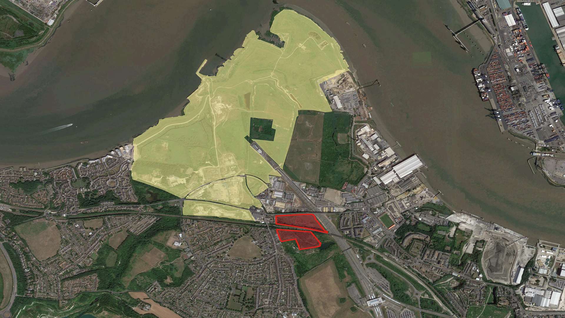 The Bamber Pit and Sports Ground in red has been bought by London Paramount, while the land oin green it has an agreement to purchase from Lafarge Tarmac