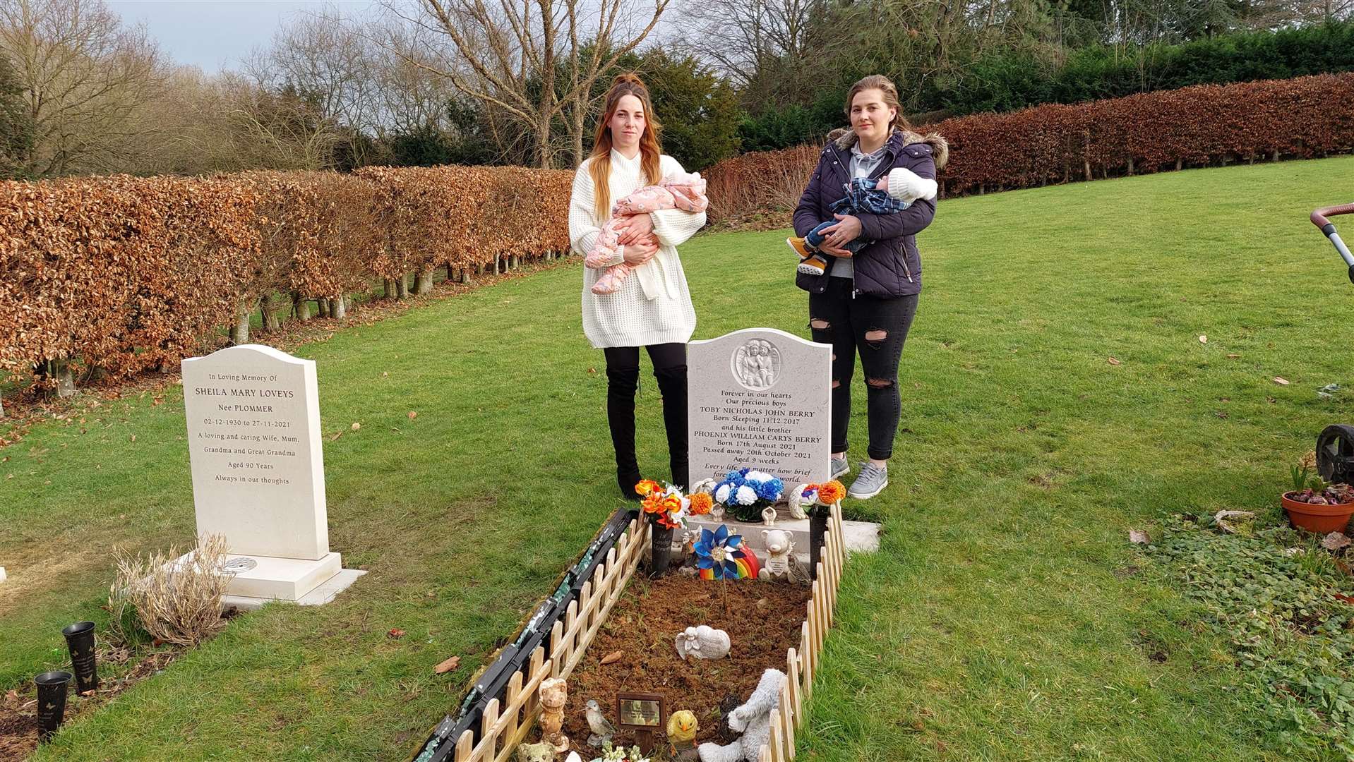 The grieving mums, pictured at the cemetery in Boughton-under-Blean, say decorating the graves is their way of showing their love