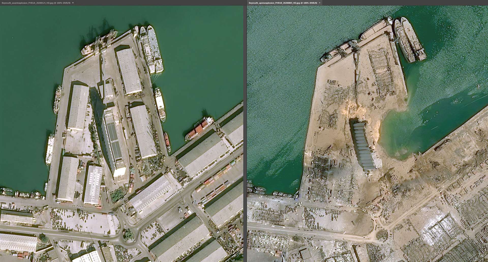 The docks before and after the huge blast in the Lebanese capita (Copyright (c)Cnes 2020, Distribution Airbus DS/PA)