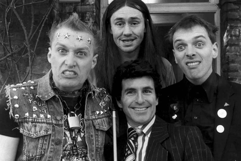 Comedy series The Young Ones starred Ade Edmonson (left) as Vyvyan, Nigel Planner (centre top) as Neil, Christopher Ryan (centre bottom) as Mike and Rik Mayall (right) as Rik