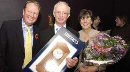 FAREWELL: Brian Lewis, centre, with his wife Gloria and KM Group editorial director Simon Irwin