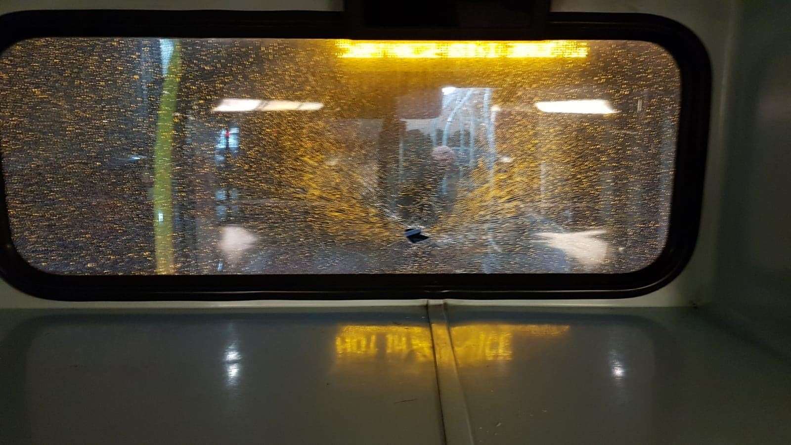 The back window of the 429 after being smashed by stones