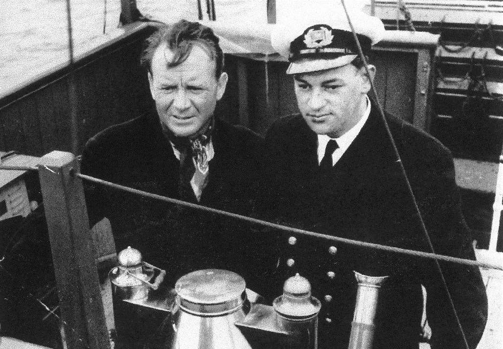 Actor John Mills with Captain R Cole while making the film The Long Memory, parts of which were filmed on Sheppey Copyright: Mick Wenban