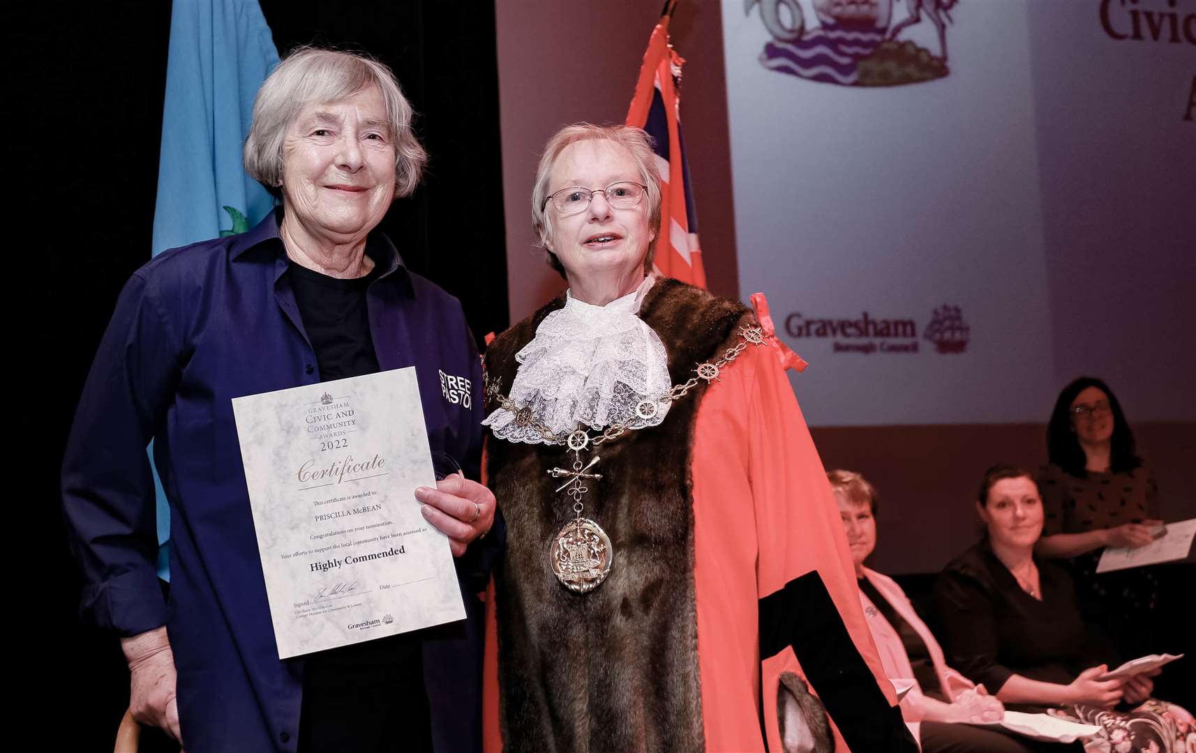 Priscilla McBean, left, with the outgoing Mayor of Gravesham, Cllr Lyn Milner. Photo: Gravesham council