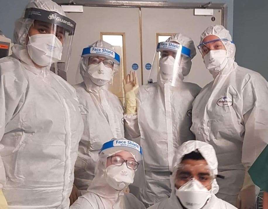 NHS staff at Darent Valley Hospital wearing advanced PPE donated by a member of the public