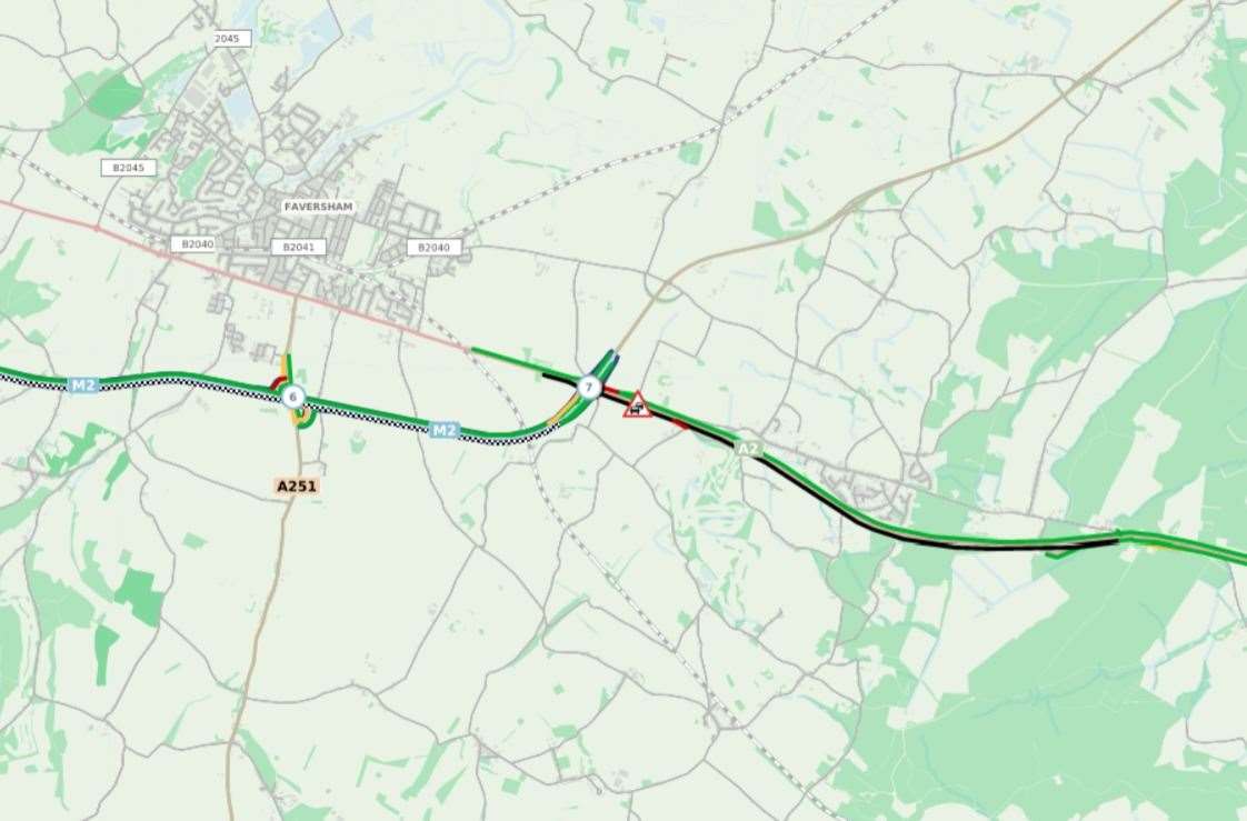 Stationary traffic, shown in black, stretched back to Dunkirk from Brenley Corner. Picture: National Highways