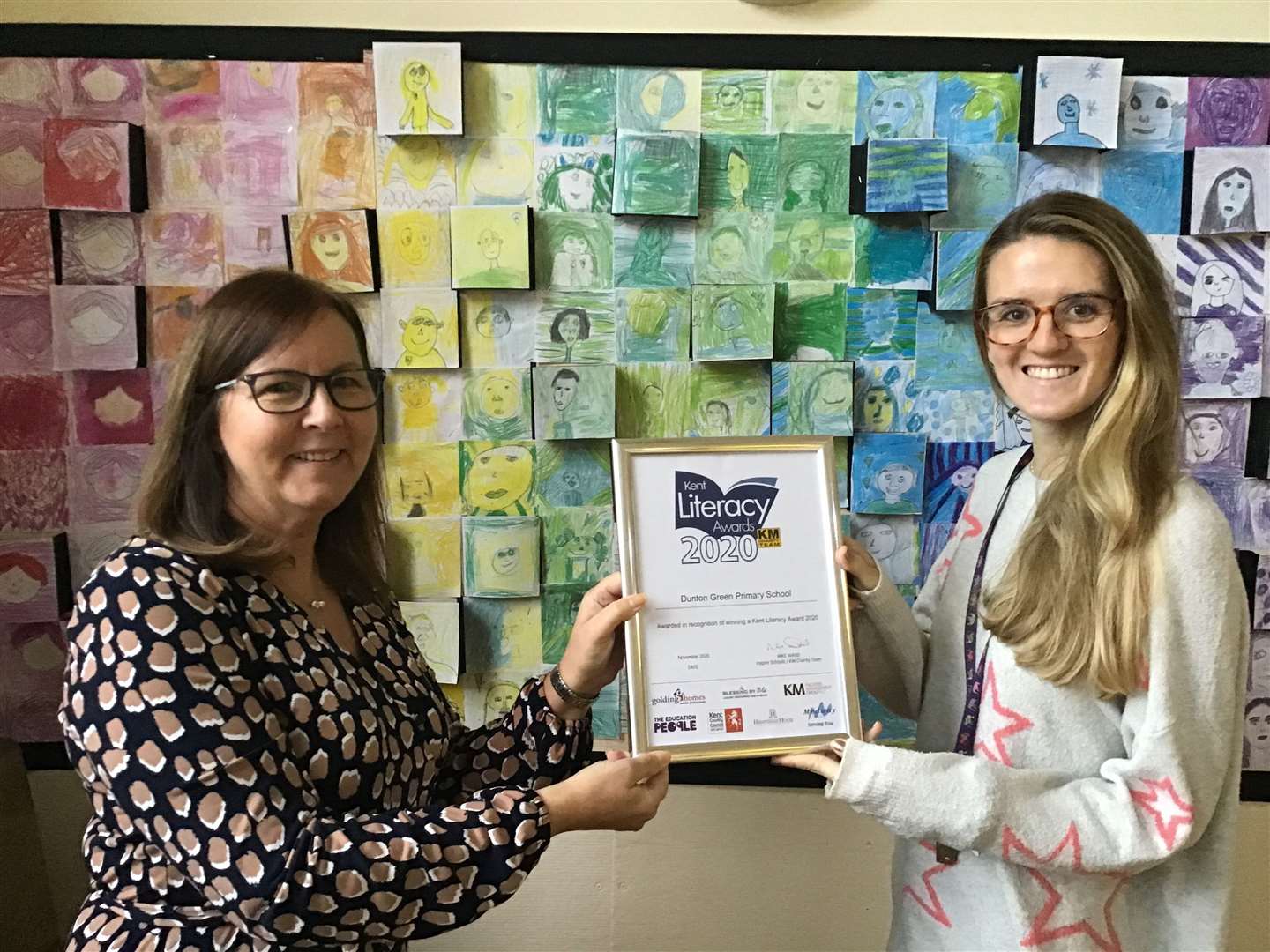 Head teacher Tracey Boanas and English lead Lucy Spicer of Dunton Green Primary celebrate the school winning Overall Primary School Champion in the Kent Literacy Awards 2020.