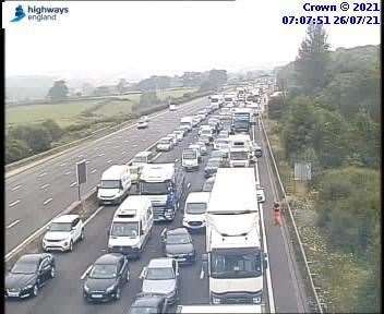 Traffic queueing on the M25 near Sevenoaks after a multi-vehicle crash. Picture: Highways England