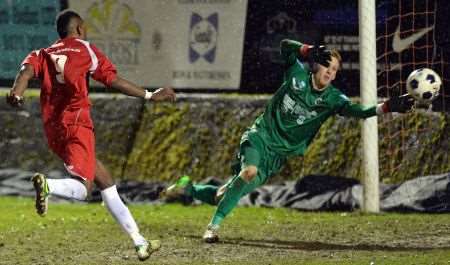 Kiernan Hughes-Mason scores against Boreham Wood