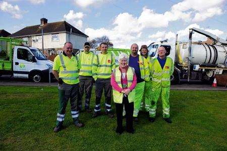 Anne Ryman retires from her post as Swale Borough Council's Environmental Projects Officer. She is photographed with contractors from Biffa and Kent County Council at a street clean in Barrow Grove, Sittingbourne.