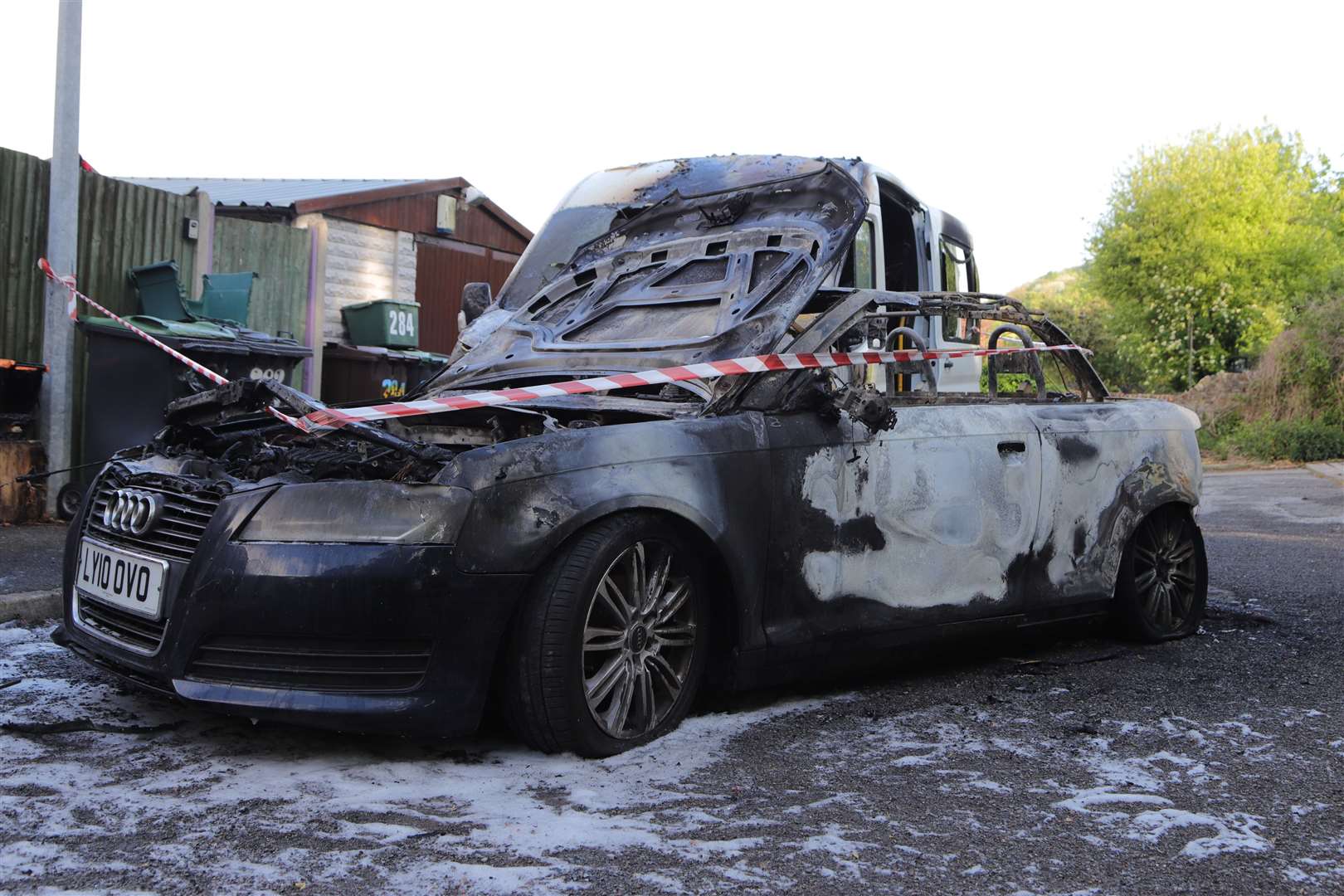 The burnt wreckage of a stolen Audi TT which was set alight in Burham. Image by Keith Thompson
