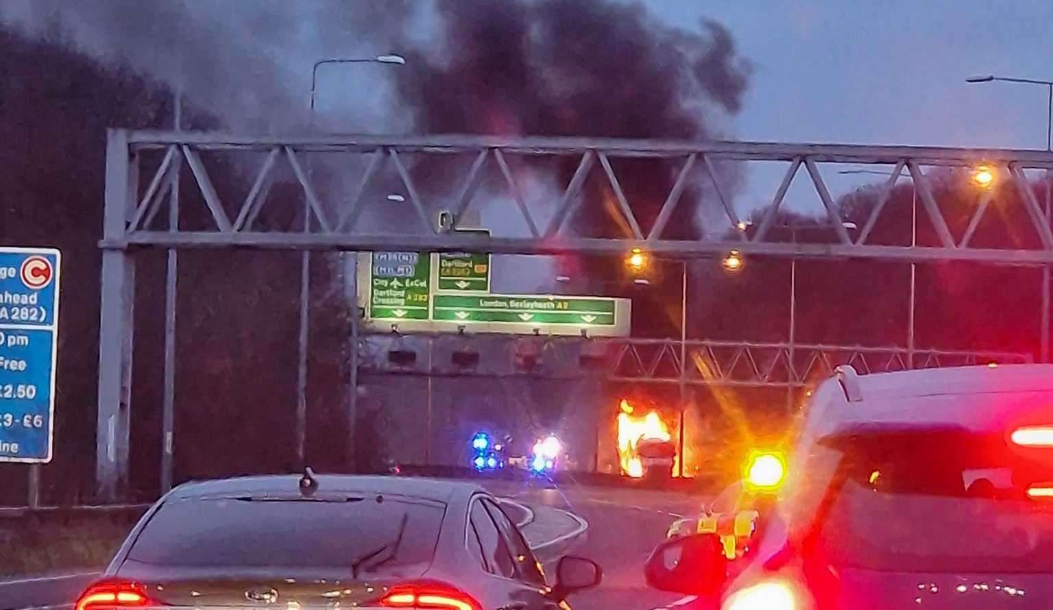 The lorry fire is causing heavy traffic on the A2 near Dartford. Picture: Phong San