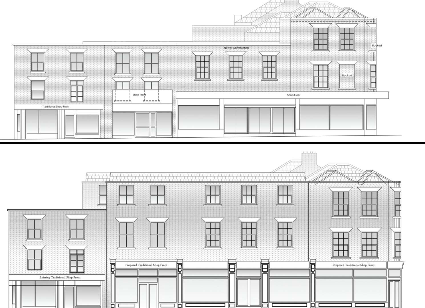 How the building looks from the high street (top) compared to how it could look under the new plans (bottom)