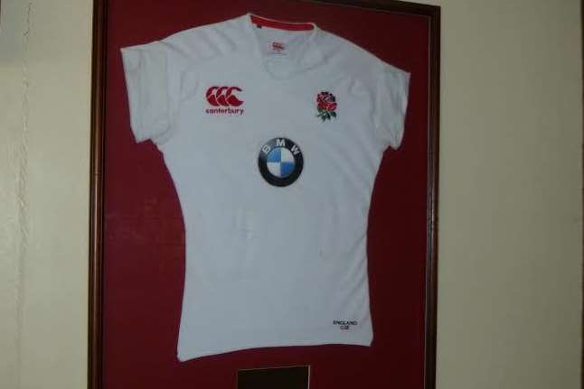 Hayden Thompson-Stringer's England Rugby shirt, which he donated to Gore Court club