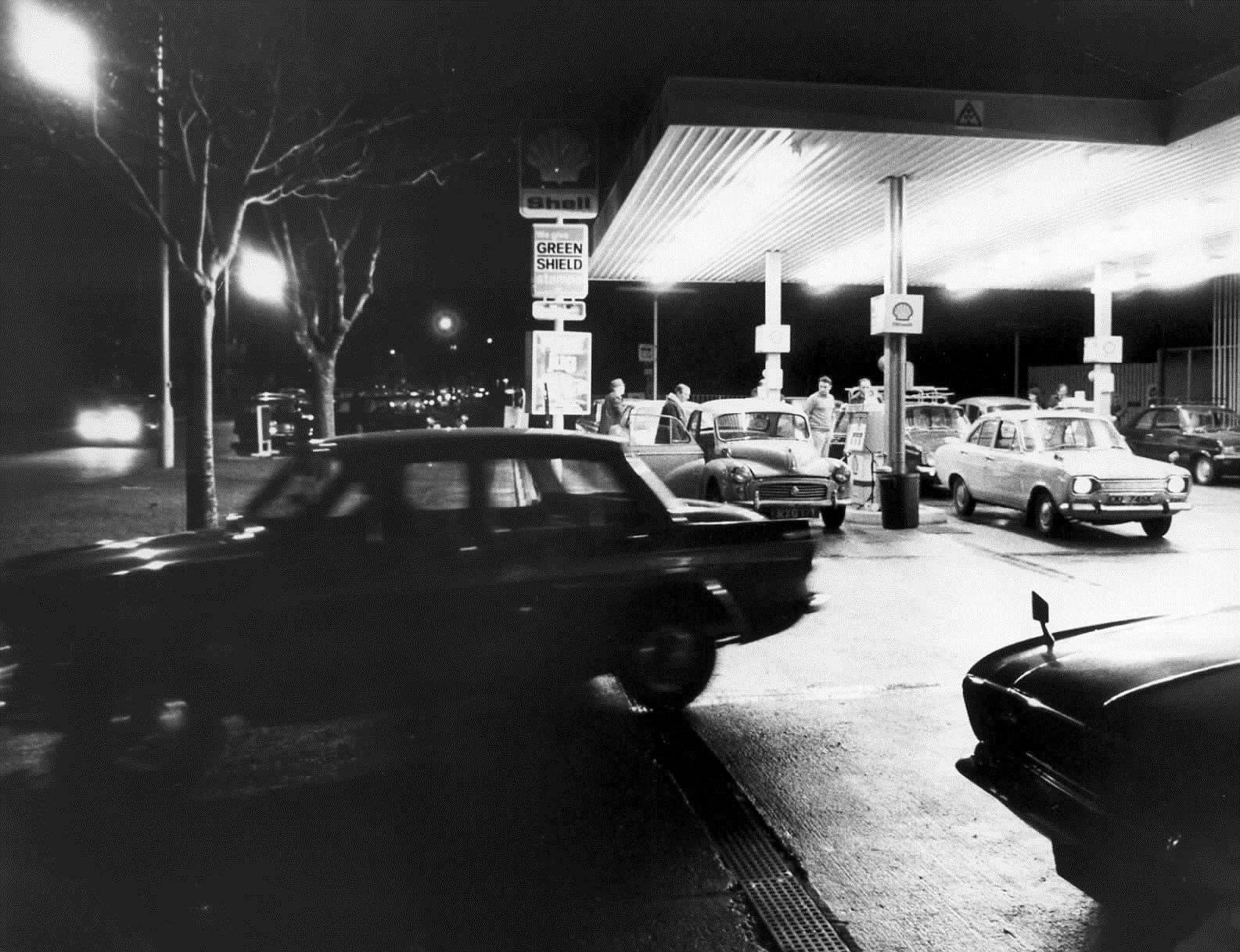 Queue for petrol in December 1973 ahead of the 'three-day week' being introduced