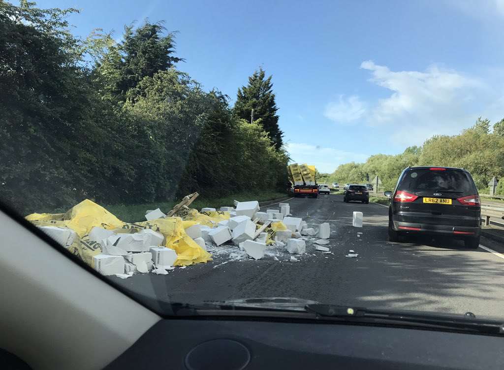 Motorists saw concrete blocks spilt across the carriageway. Picture: @CharlieAldred