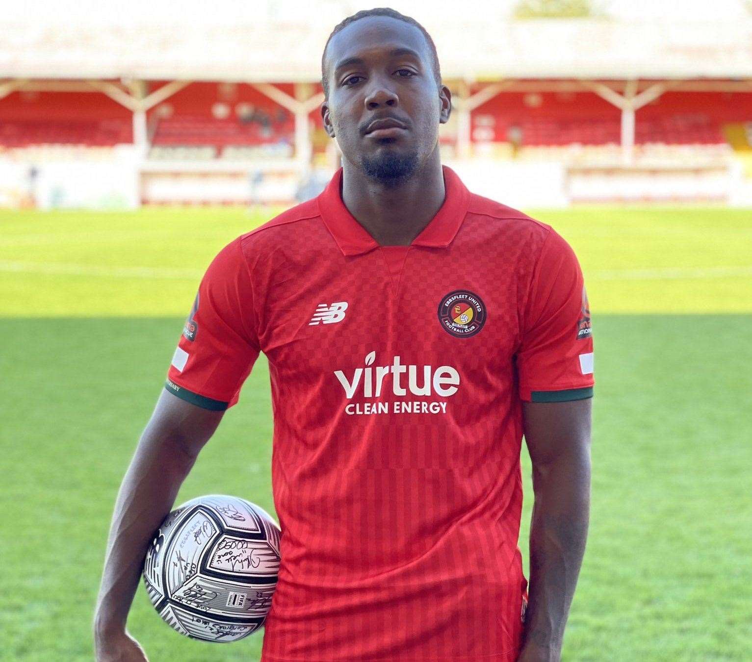 Ebbsfleet striker Dominic Poleon with the matchball after his hat-trick on Saturday. Picture: Twitter/Dominic Poleon (50252787)