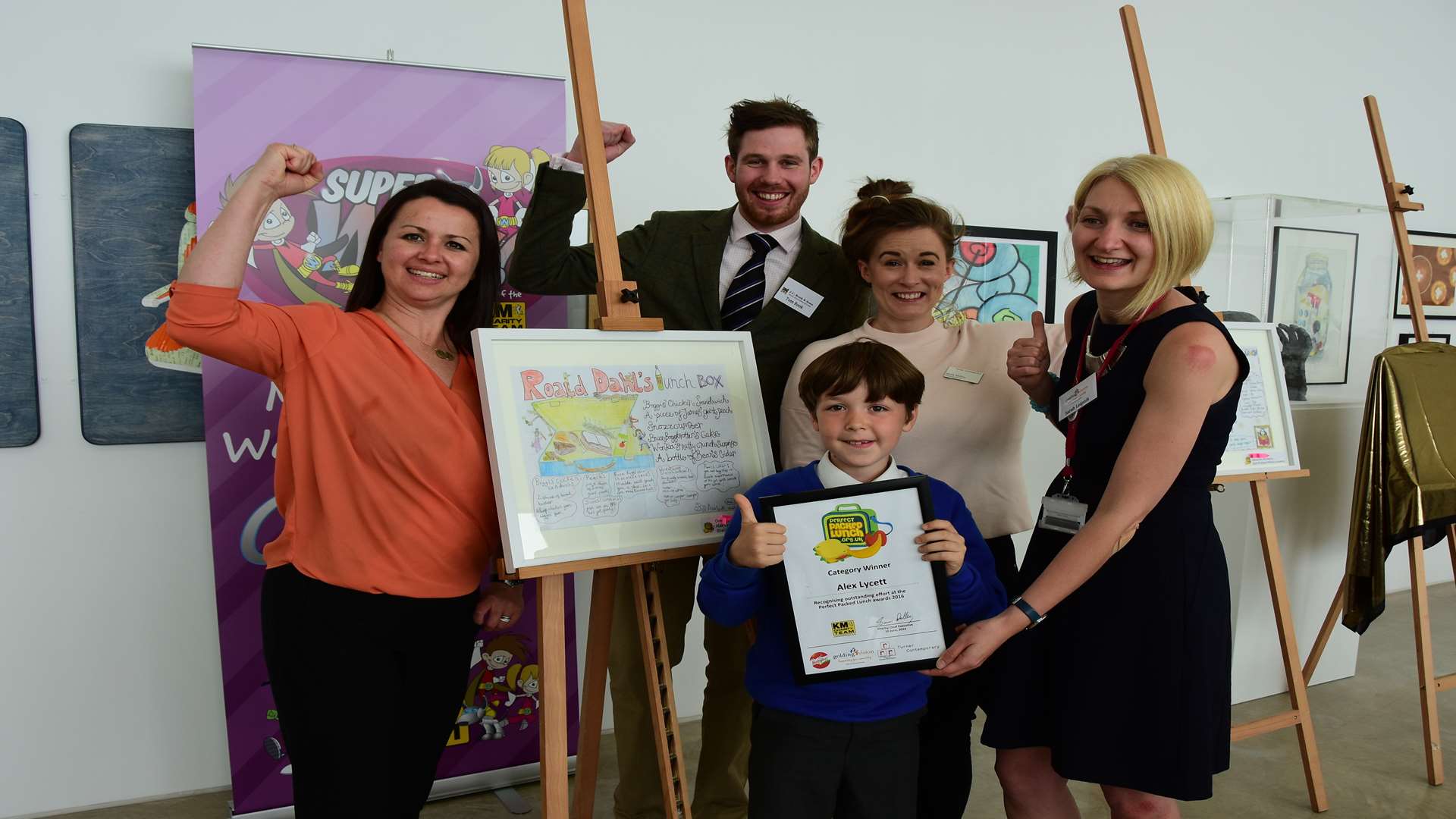 Perfect Packed Lunch Awards at Turner Gallery. Overall Champion Alex Lycett of Sheldwich Primary School celebrates victory with key partners at the 2016 event.