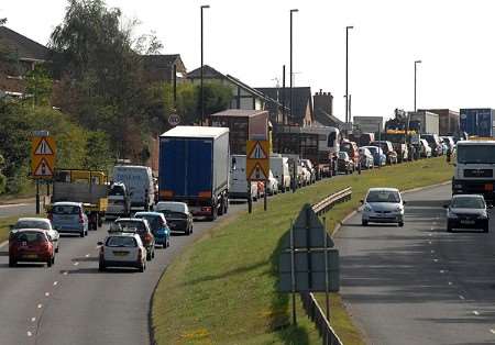 Traffic queues near the scene of the A228 crash at Hoo. Picture: Barry Crayford