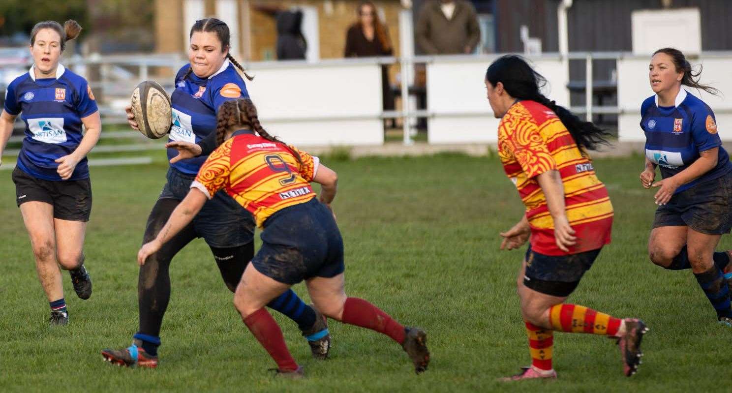 OGs' vice-captain Poppy Webster drives forward against Medway. Picture: Alison Pretious Photography