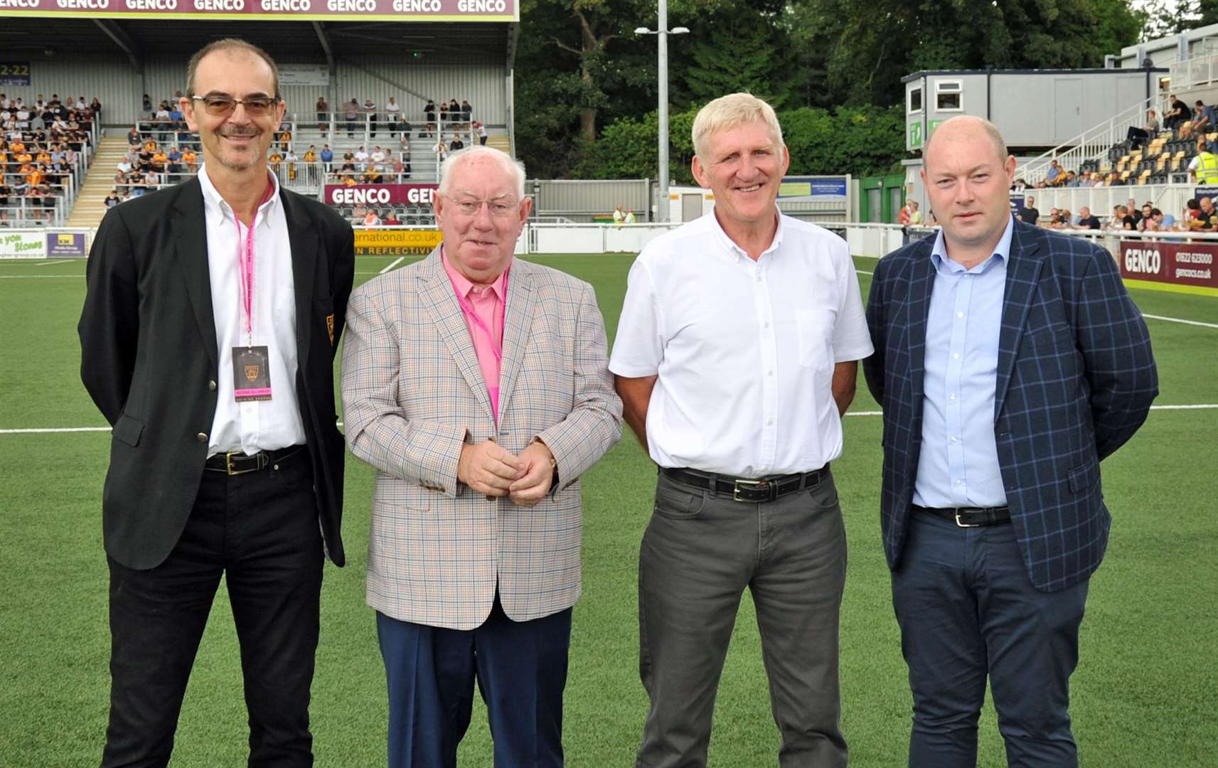 Oliver Ash and Terry Casey with stadium sponsors Pat and Stephen Gallagher Picture: Steve Terrell