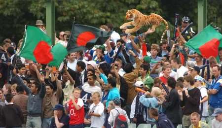 Fans offer enthusiastic support to Bangladesh with their tiger mascot in the game with Australia. Picture: BARRY GOODWIN