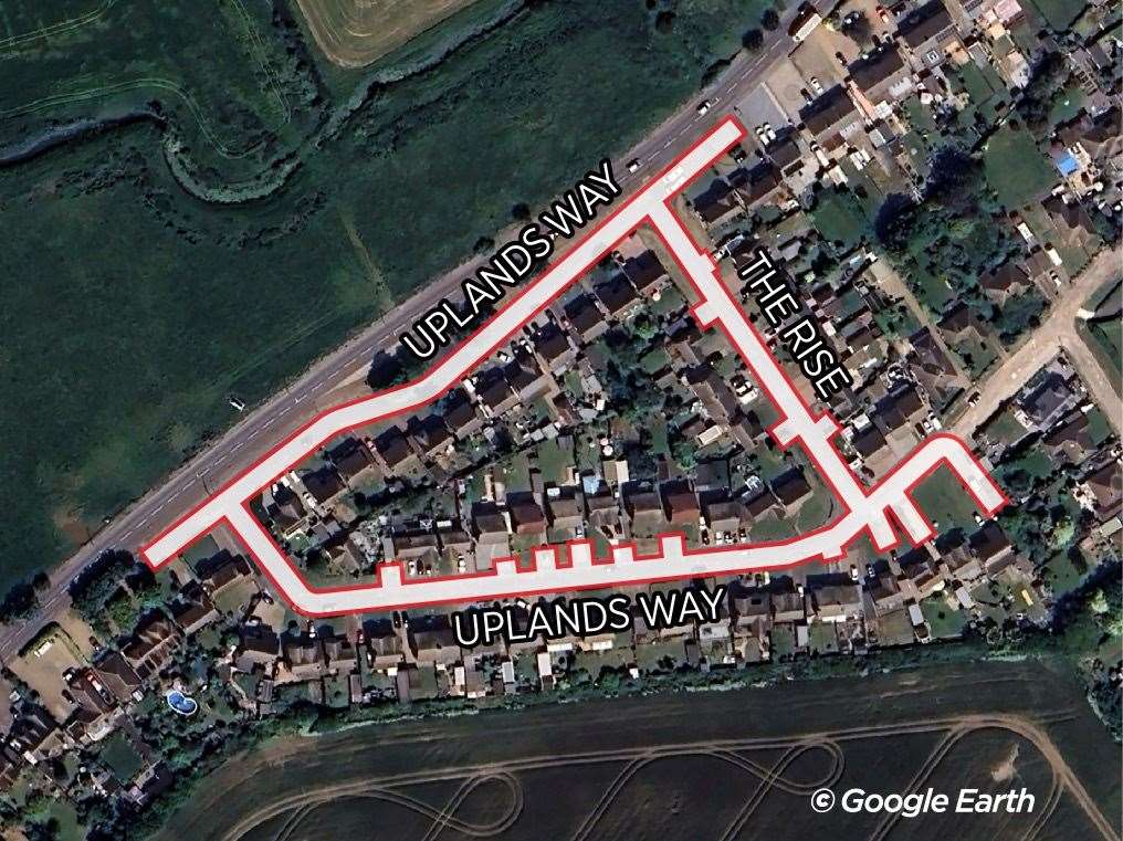 The parts of Uplands Way and The Rise in Halfway, Sheppey, that were listed on Rightmove. Picture: KM Graphics/Google Earth