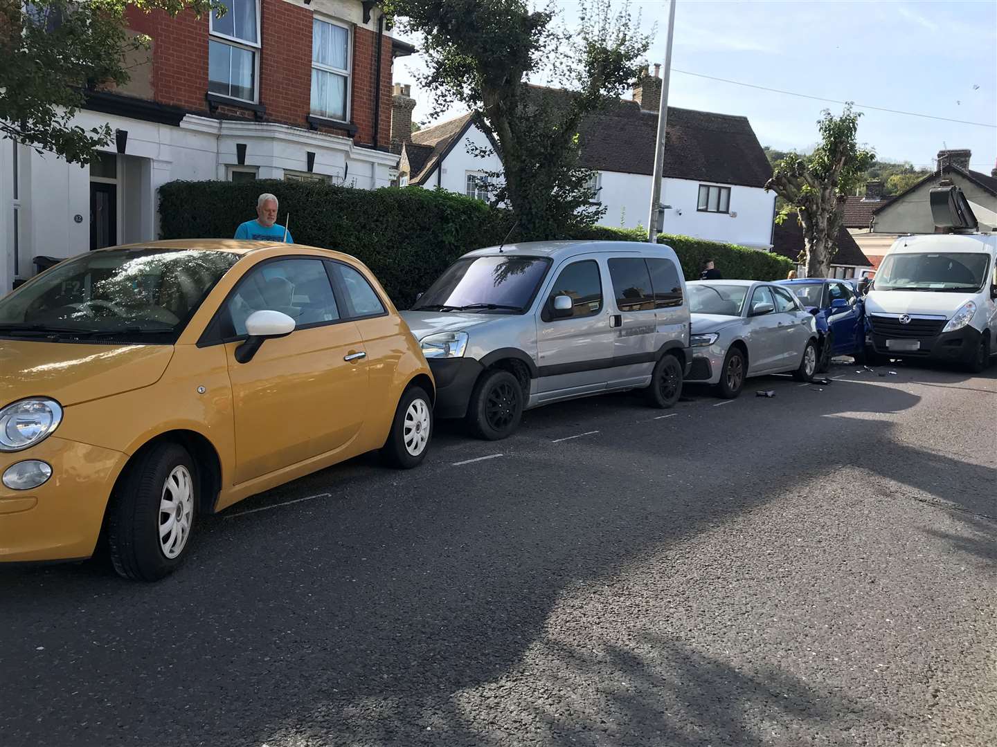 The crash involving a van and several parked vehicles, happened in Buckland Avenue, Dover. Picture: Karol Steele