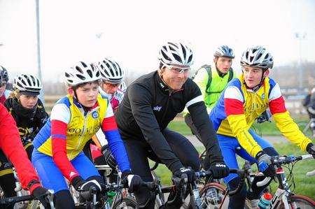 Sir Chris Hoy joins fellow cyclists at Cyclopark in Gravesend.