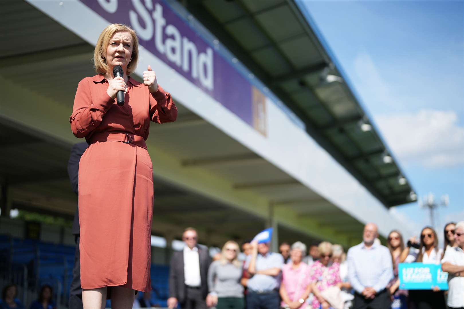 Liz Truss speaks at Solihull Moors FC as part of her Tory leadership campaign (Jacob King/PA)