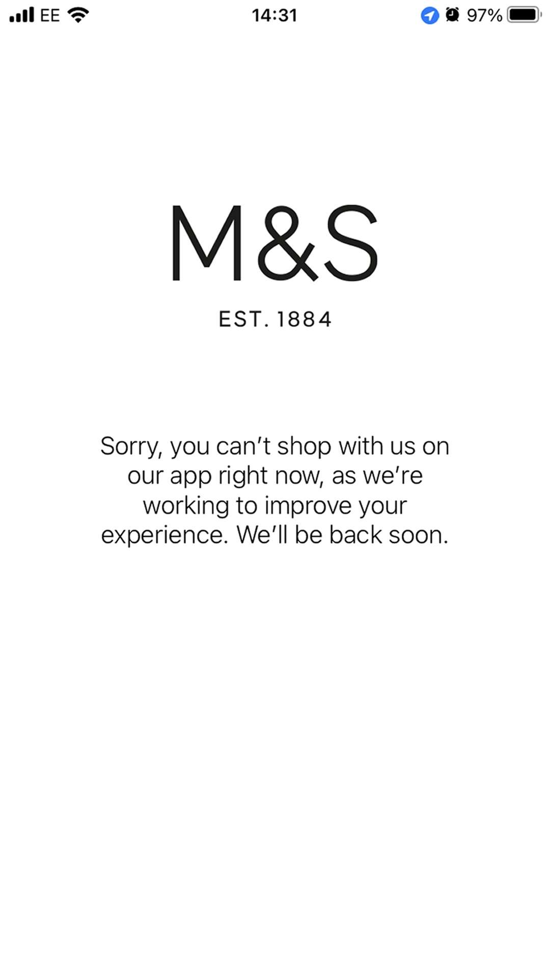 Screengrab from the Marks and Spencer app, as the app and website of the high street giant has been offline for several hours after it was hit with ‘technical issues’ (Screengrab/PA)