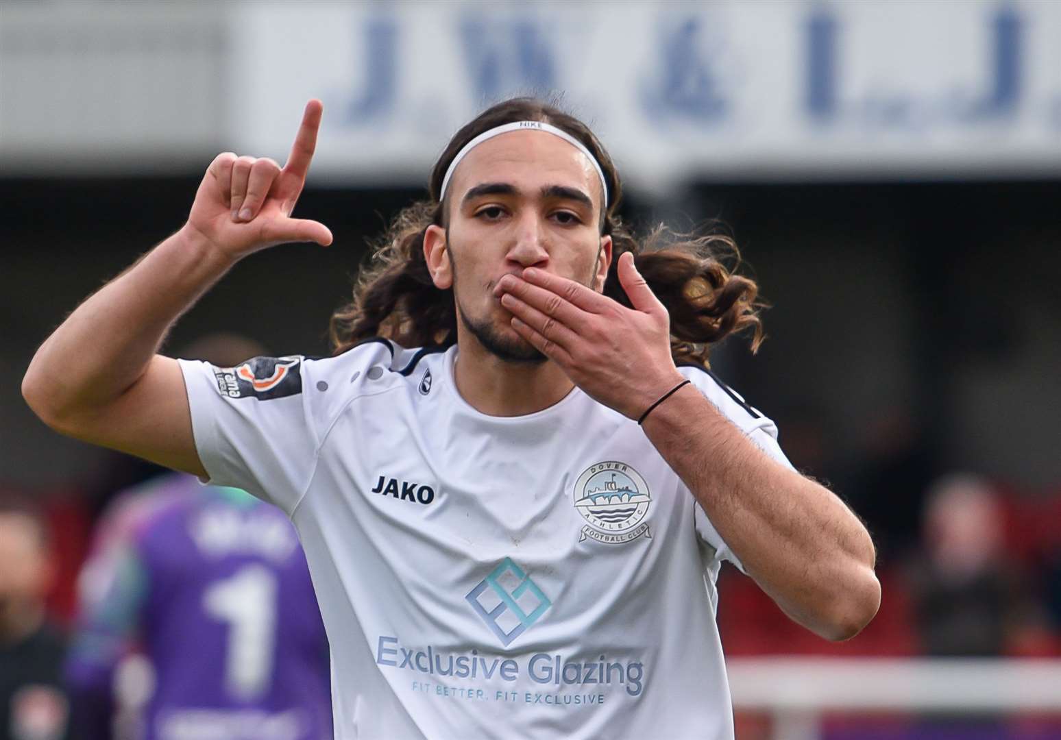 Dover midfielder Nassim L'Ghoul celebrates scoring the equaliser in Whites' 1-1 draw with Chesterfield. Picture: Alan Langley