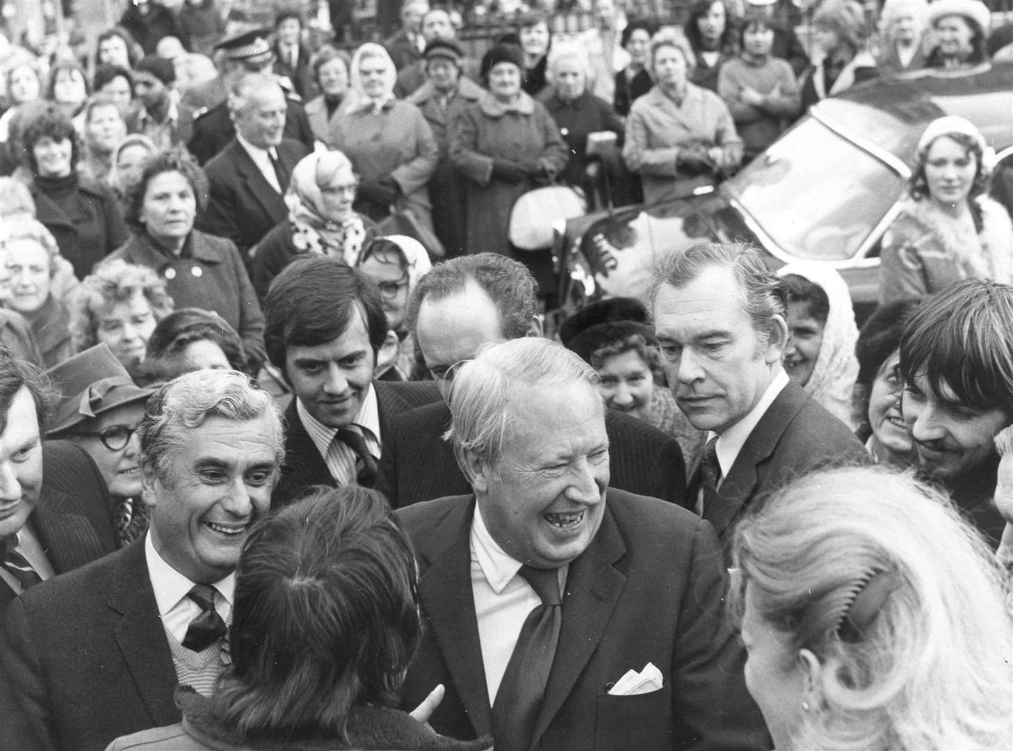 Prime Minister Edward Heath in good humour on the campaign trail in February 1974 on a visit to Gravesend. But the result would end in a hung parliament and see Labour's Harold Wilson become Prime Minister once again