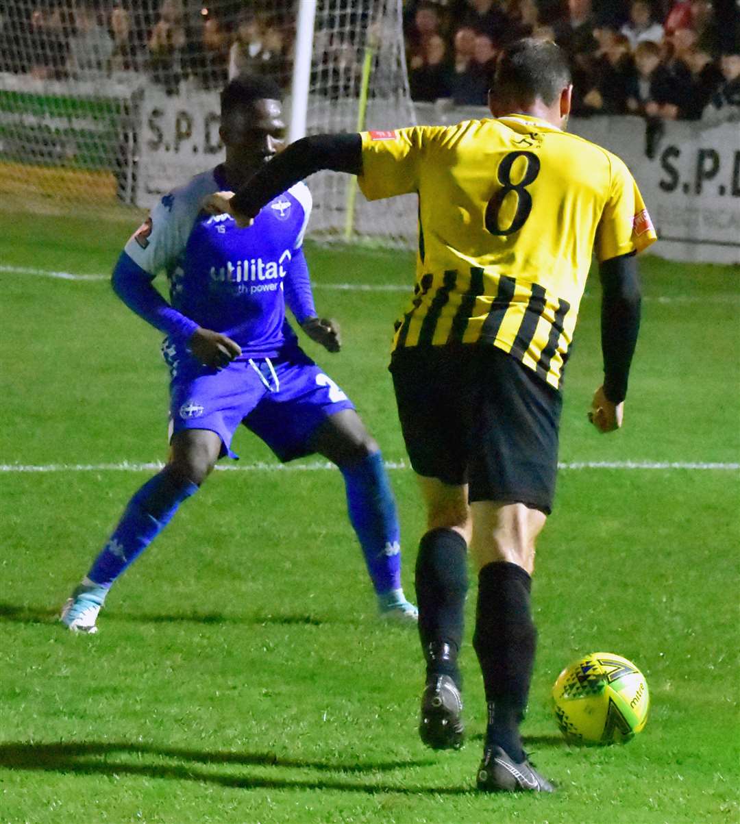 Folkestone midfielder Ronnie Dolan puts a cross in during their 3-2 extra-time defeat to Eastleigh. Picture: Randolph File